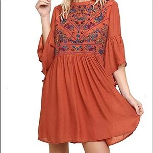 Boho orange embroidered dress
